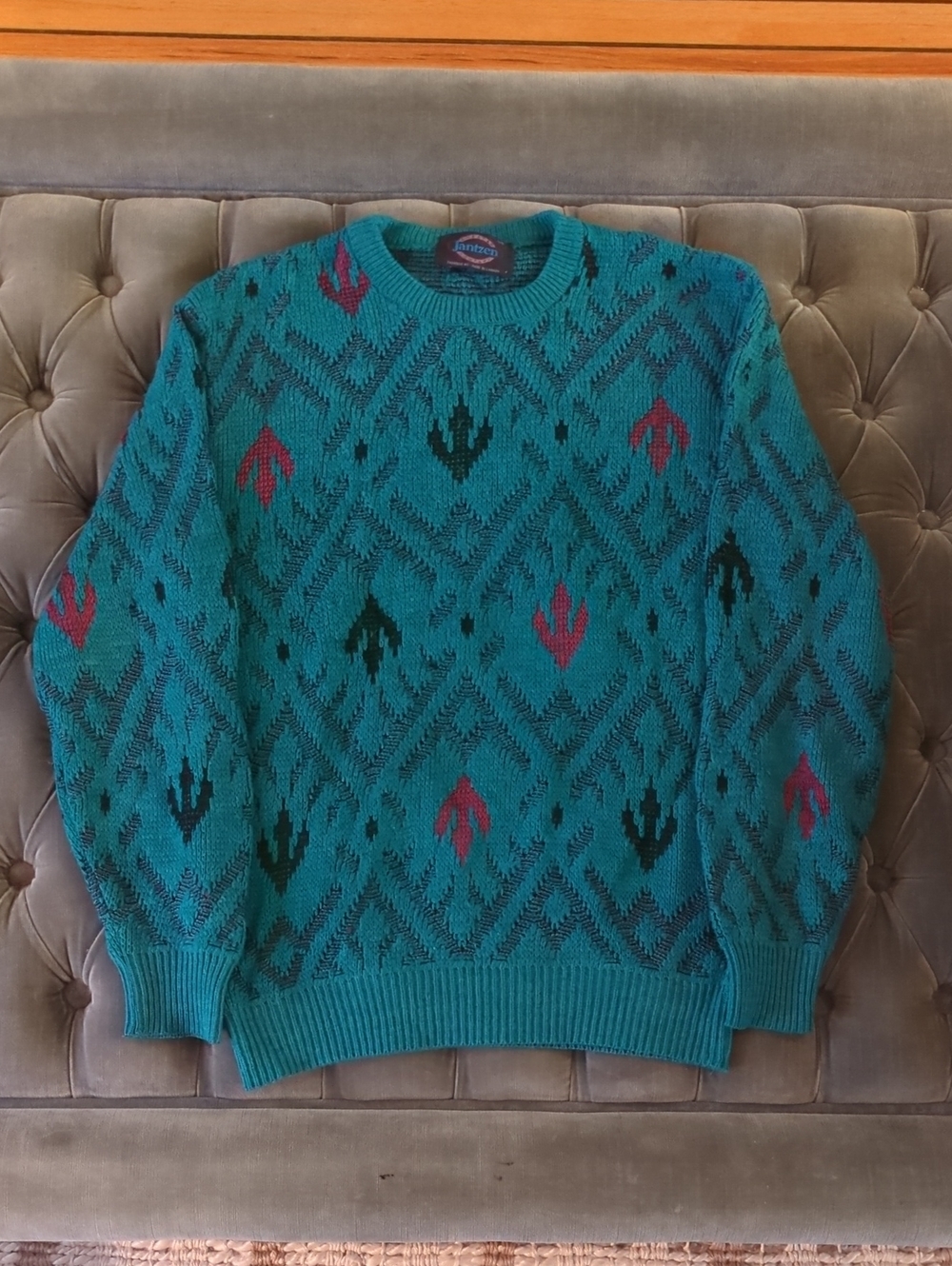 Jantzen Teal Geometric Crewneck Sweater with Black and Pink Accents